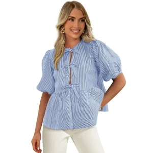Women's Bow Front Top with Puff Sleeves, Sizes S-XXL